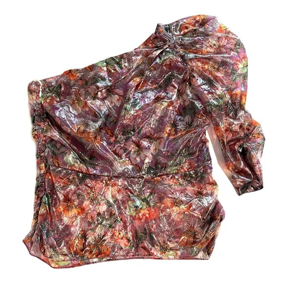 Isabel Marant Omi One Shoulder Top in Pink Floral Metallic - Picture 2 of 7